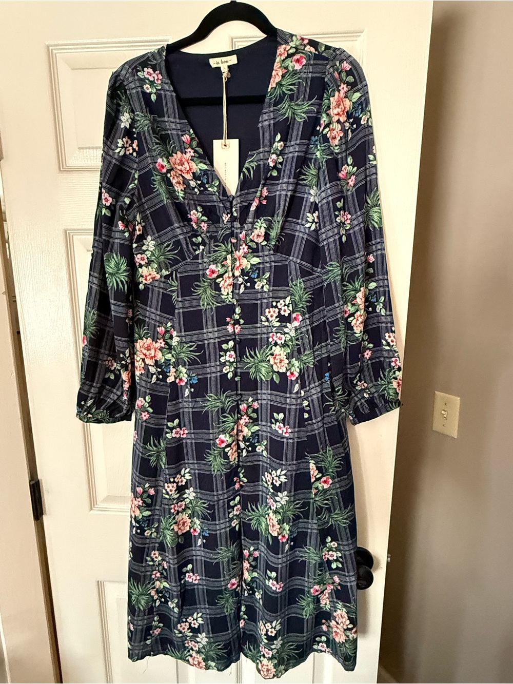 In Loom Navy Floral Plaid Button-Front Women's Dress